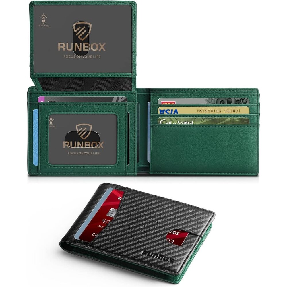⚡Runbox Men Carbon Black Green‎ New Leather Slim 2 ID Window Gift Box Wallet